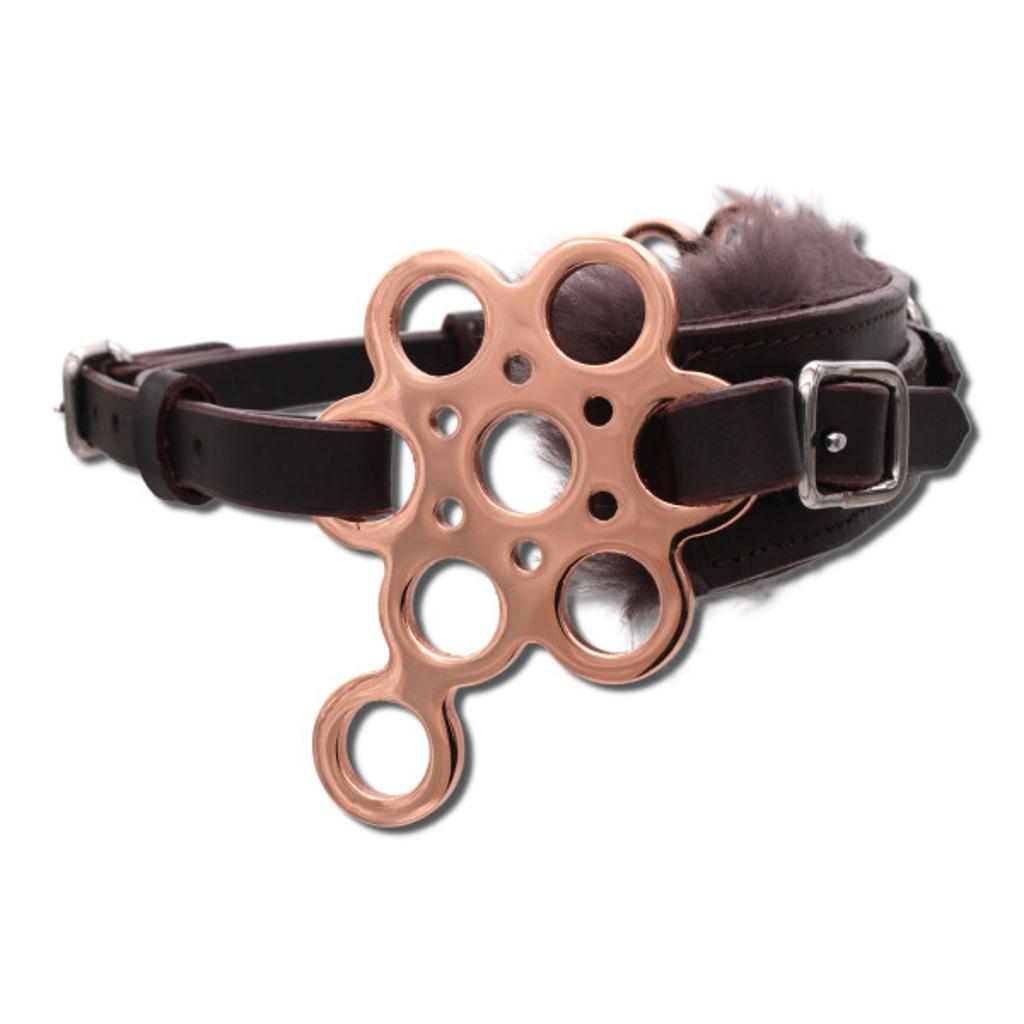 Hackamore Flower rosegold mit Lammfell, gebisslose Zäumung, rosegold-schwarz/braun