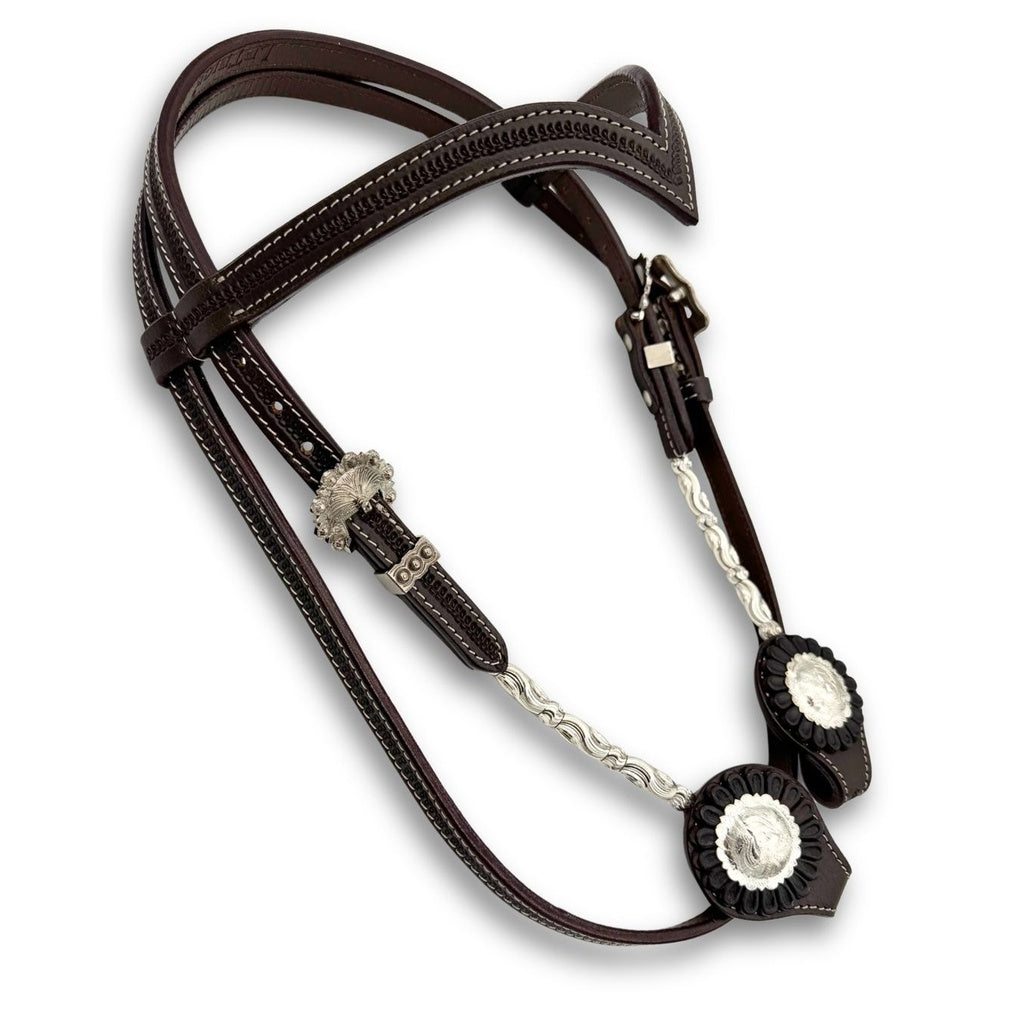 Westerntrense mit dunkelbraunem Leder mit V-Stirnriemen & Silber-Verzierungen