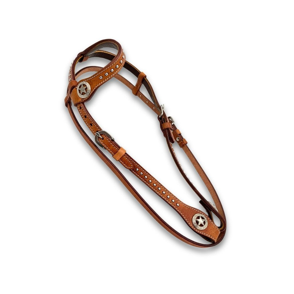 Einohr Westerntrense, Kopfstück mit Star-Conchos und Nieten, braun