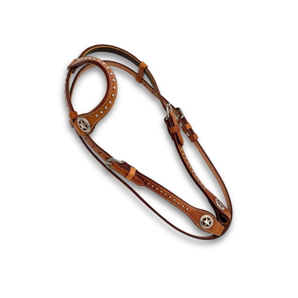 Einohr Westerntrense, Kopfstück mit Star-Conchos und Nieten, braun