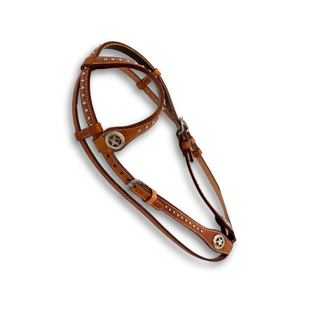 Einohr Westerntrense, Kopfstück mit Star-Conchos und Nieten, braun