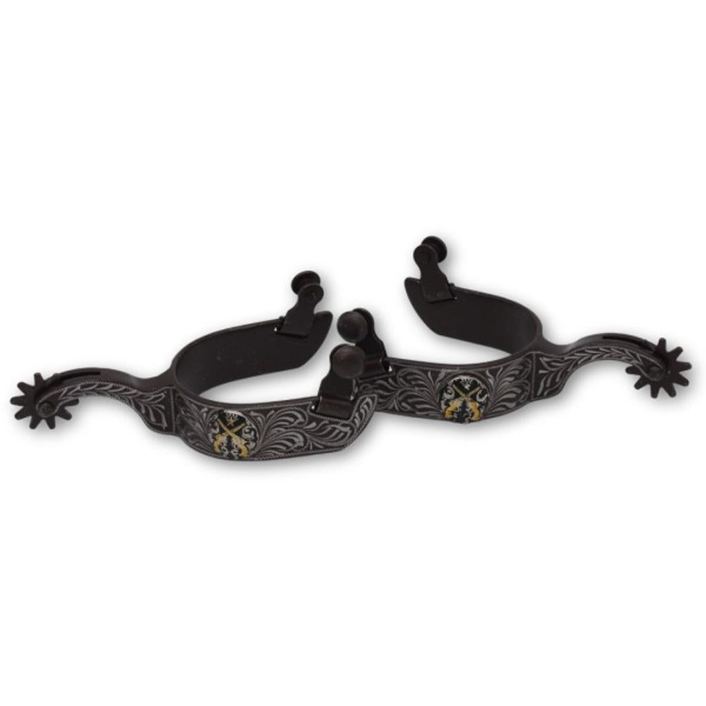 Westernsporen braun mit gravierter Verzierung und Pistolen-Concho, Rädchensporen