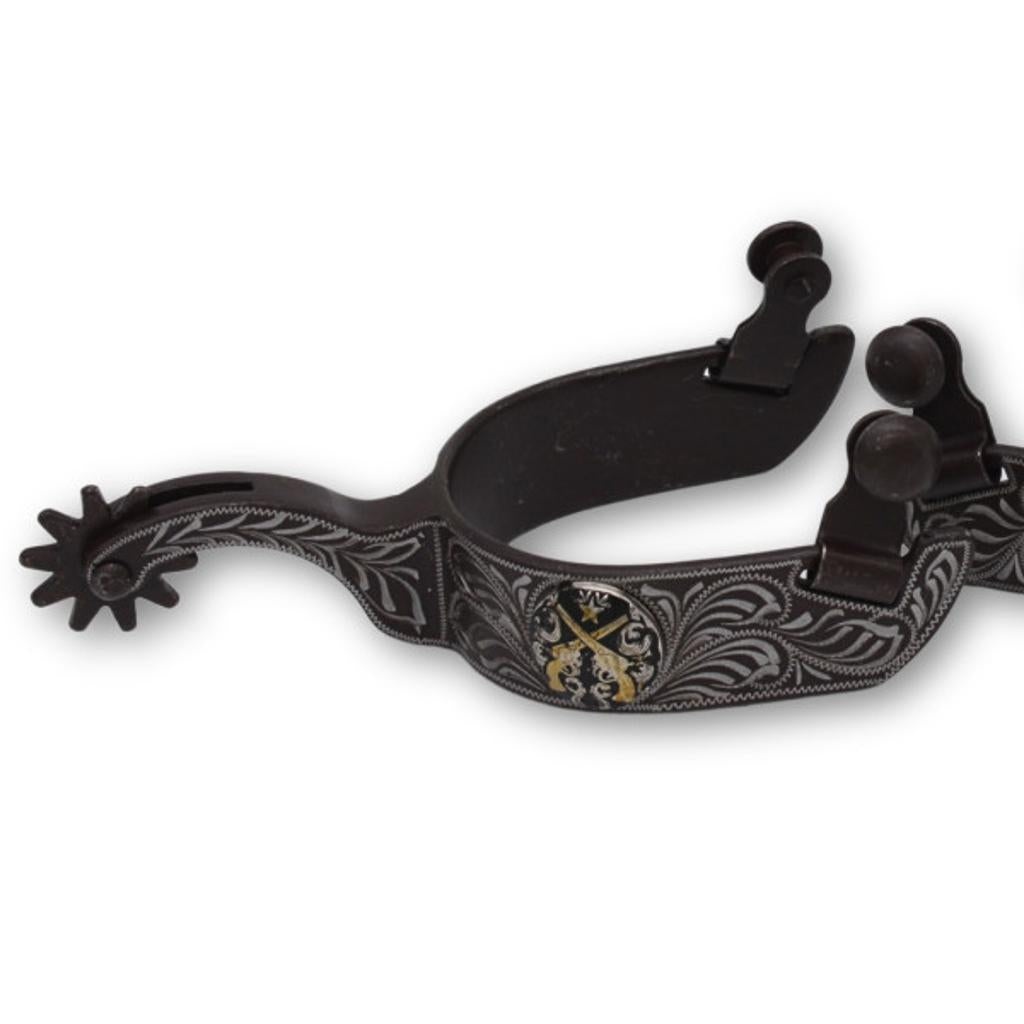 Westernsporen braun mit gravierter Verzierung und Pistolen-Concho, Rädchensporen