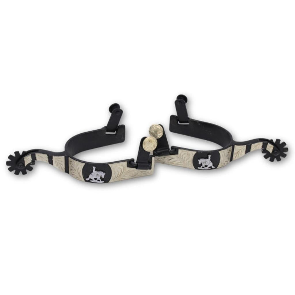 Westernsporen schwarz mit gravierter Verzierung und Reining horse Emblem, Rädchensporen