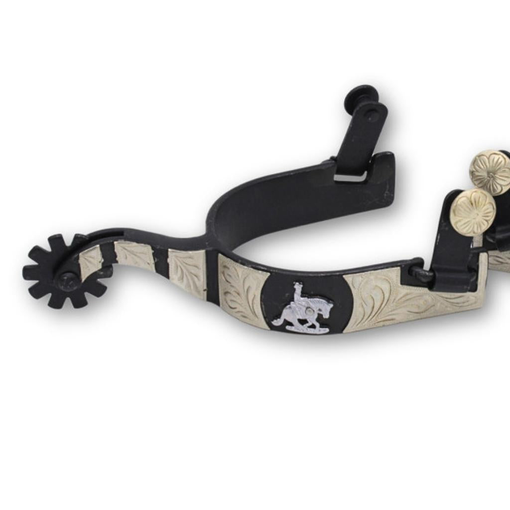 Westernsporen schwarz mit gravierter Verzierung und Reining horse Emblem, Rädchensporen