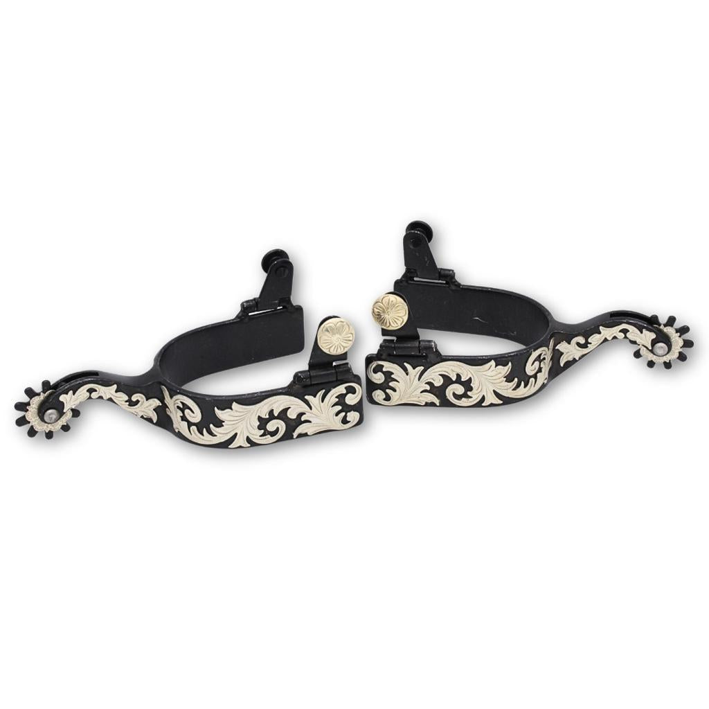 Schwarze Westernsporen mit graviertem Overlay auf Sporen und Rädchen, Rädchensporen