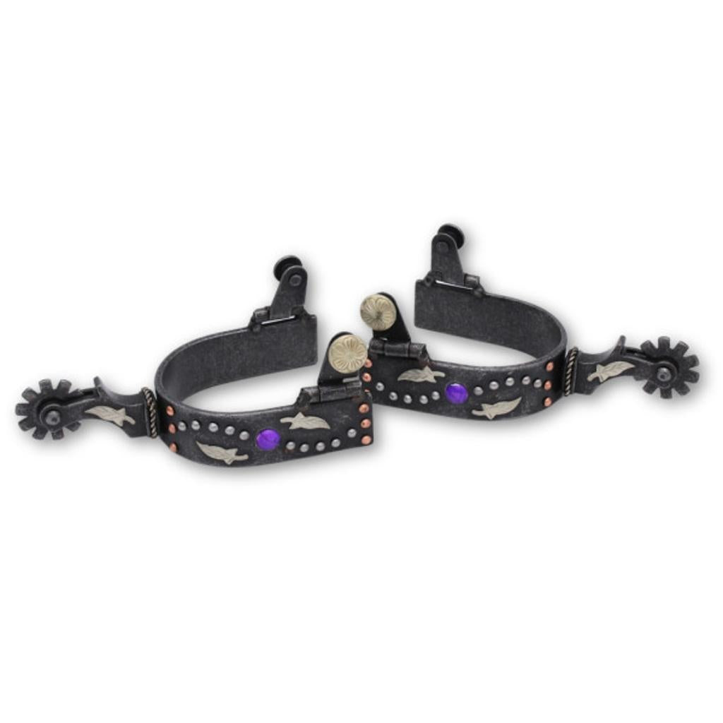 Graue Westernsporen mit Nieten, Federn und Schmucksteinen besetzt, Rädchensporen