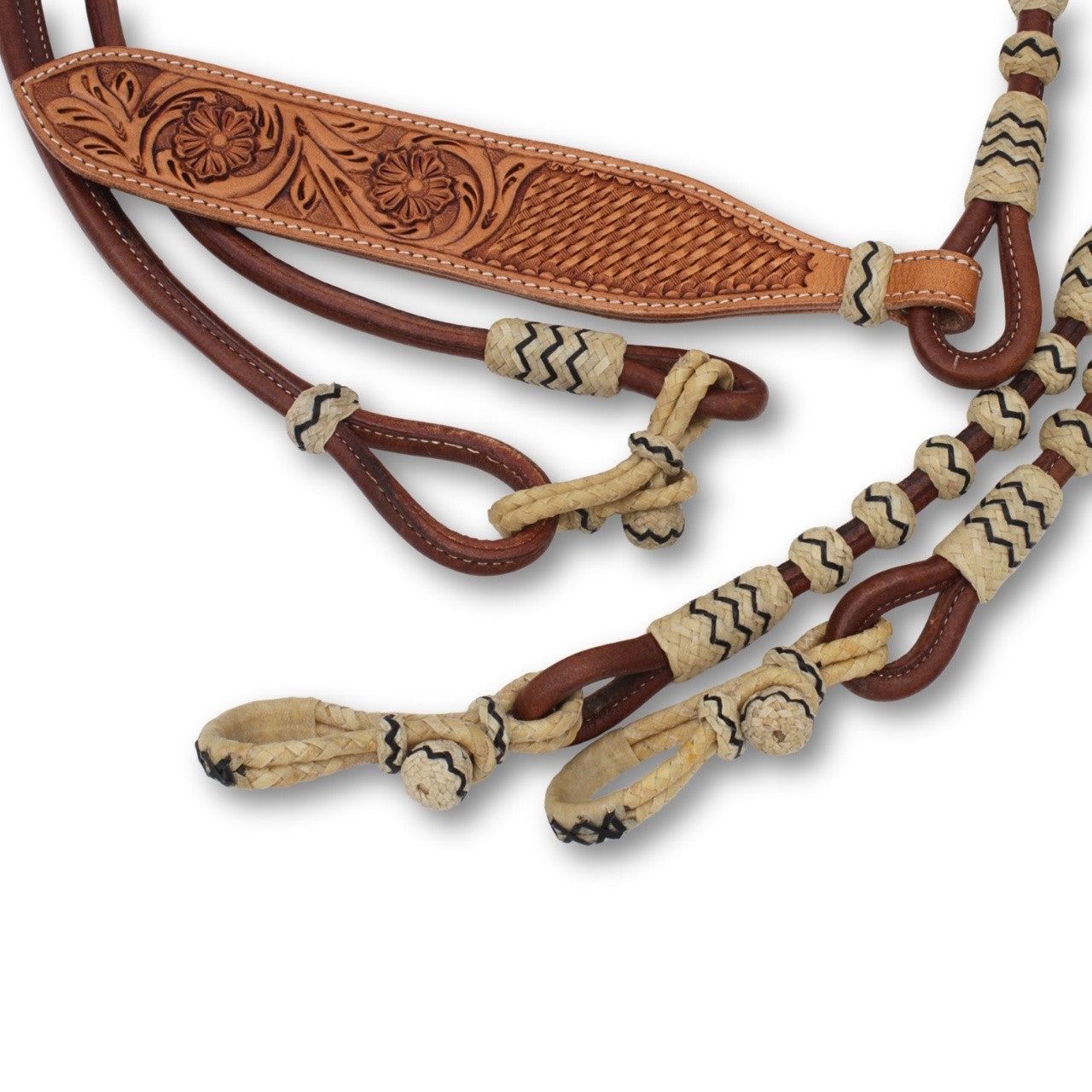 Chestnut Leder Romal Reins mit Rohhaut und Lederklatsche, verziert, rund genäht