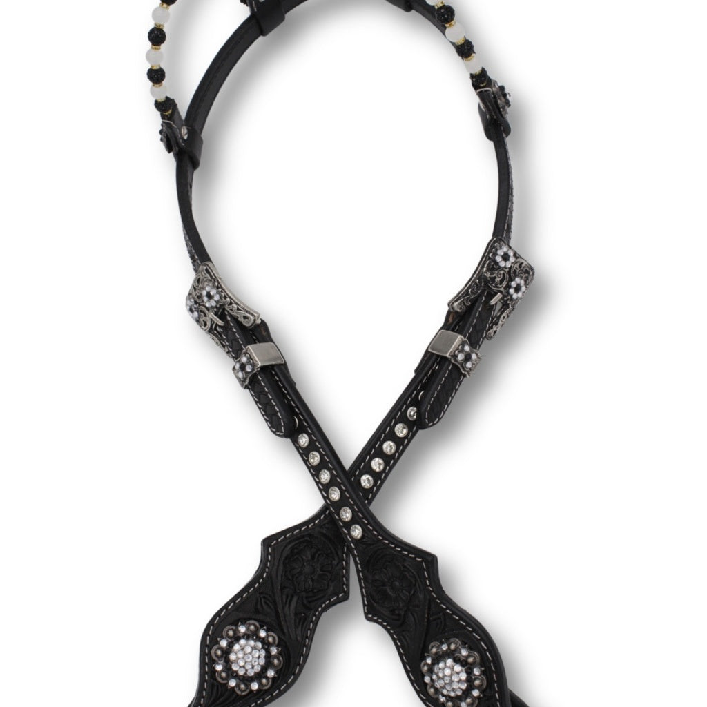 Kaltblut Zweiohr Westerntrense schwarz/weiß mit Perlen-Earloop