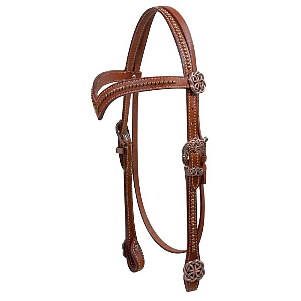 Westernzaum, Trense mit V-Stirnband, kupferfarbene Schnallen, Nieten und Conchos, braun