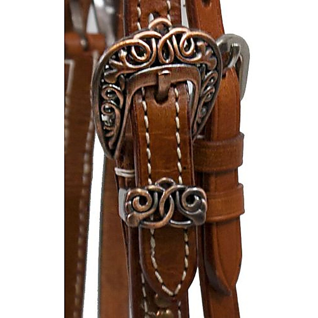 Westernzaum, Trense mit V-Stirnband, kupferfarbene Schnallen, Nieten und Conchos, braun