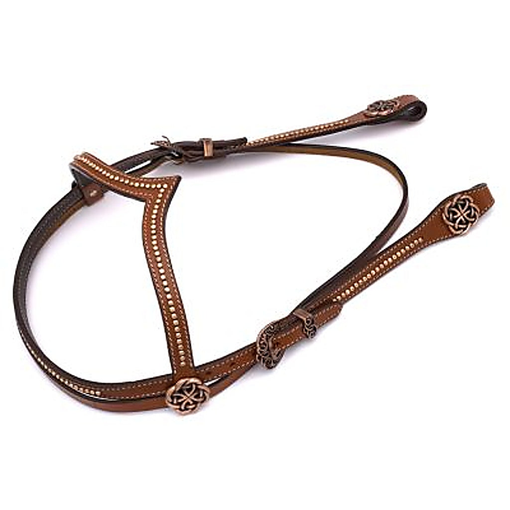 Westernzaum, Trense mit V-Stirnband, kupferfarbene Schnallen, Nieten und Conchos, braun