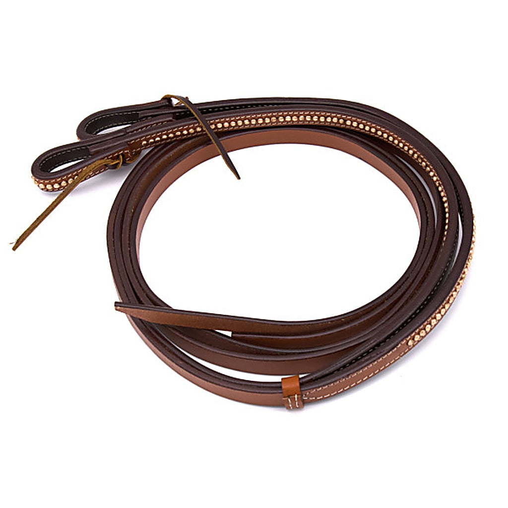 Westernzaum, Trense mit V-Stirnband, kupferfarbene Schnallen, Nieten und Conchos, braun