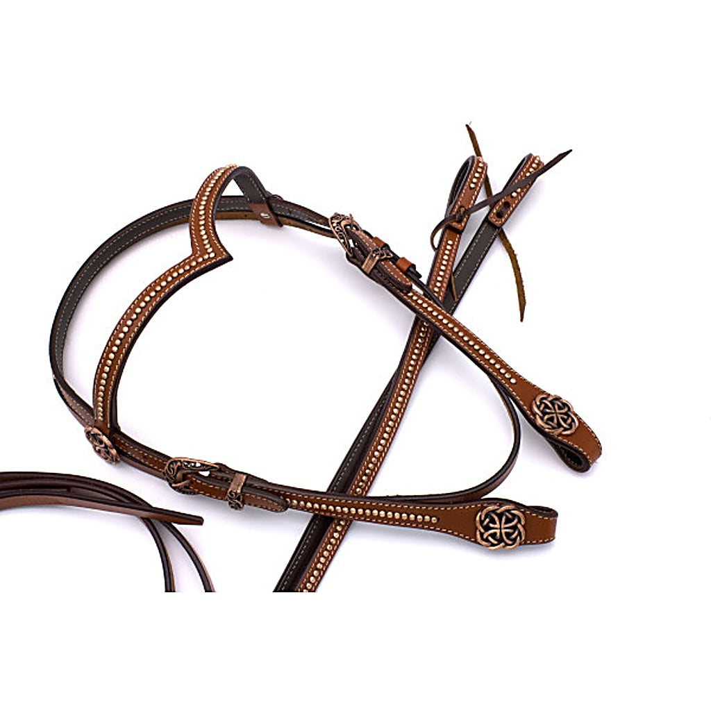 Westernzaum, Trense mit V-Stirnband, kupferfarbene Schnallen, Nieten und Conchos, braun