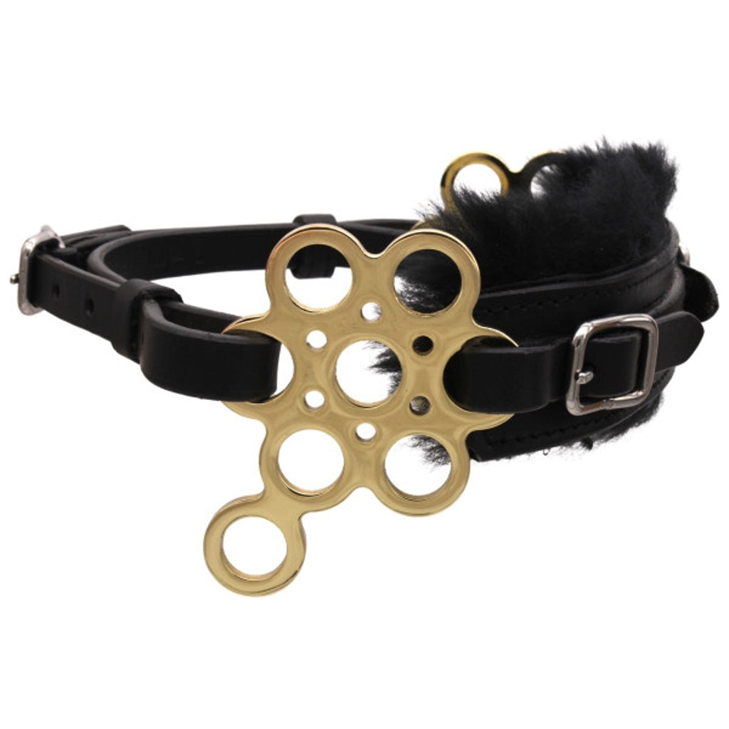 Hackamore Flower goldfarben, mit Lammfell, gebisslos, schwarz/braun