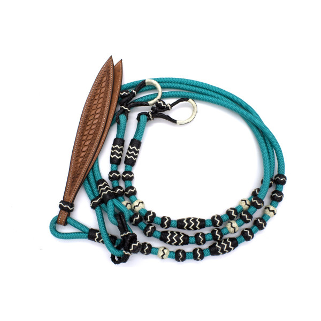 Nylon Romal Reins in türkis mit Buttons aus Rohhaut