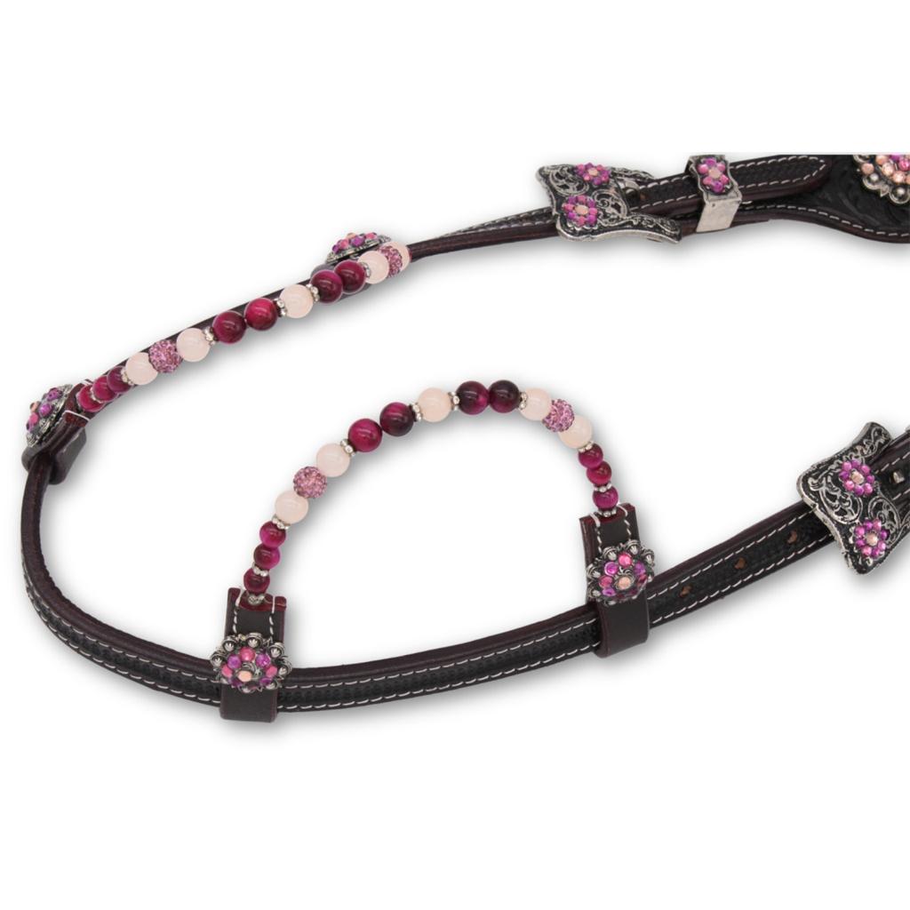 Zweiohr Westerntrense dunkelbraun punziert dark Pink/silber mit Perlen-Earloop