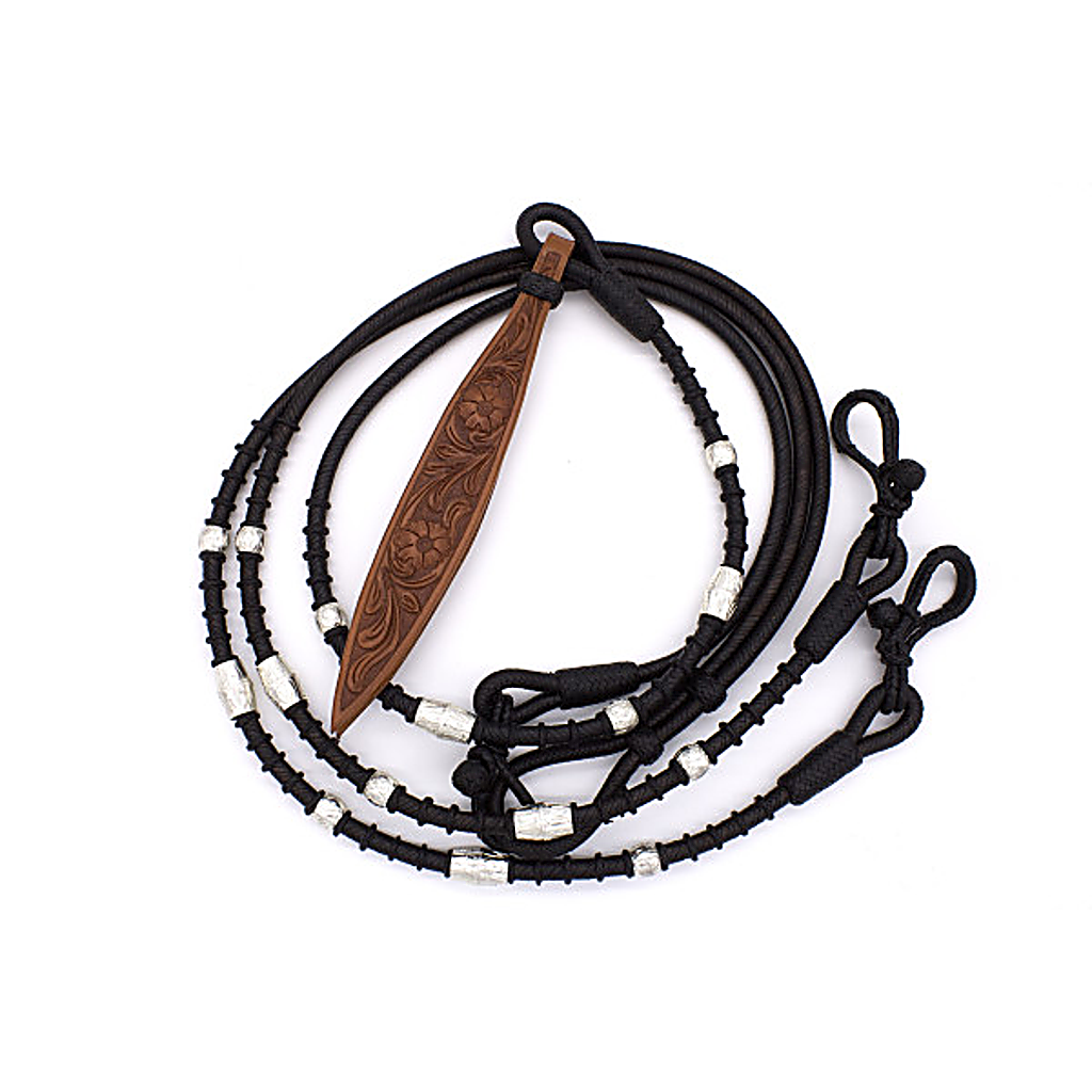 Romal Reins, Rohhaut Westernzügel schwarz mit silbernen Perlen