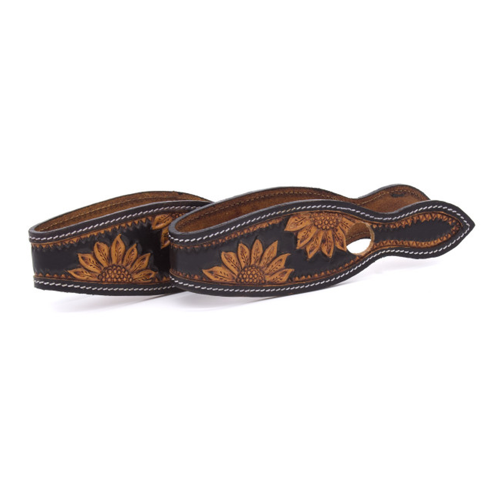 Leder Slobber Bars, Slobber Straps schwarz mit Sonnenblumen Punzierung