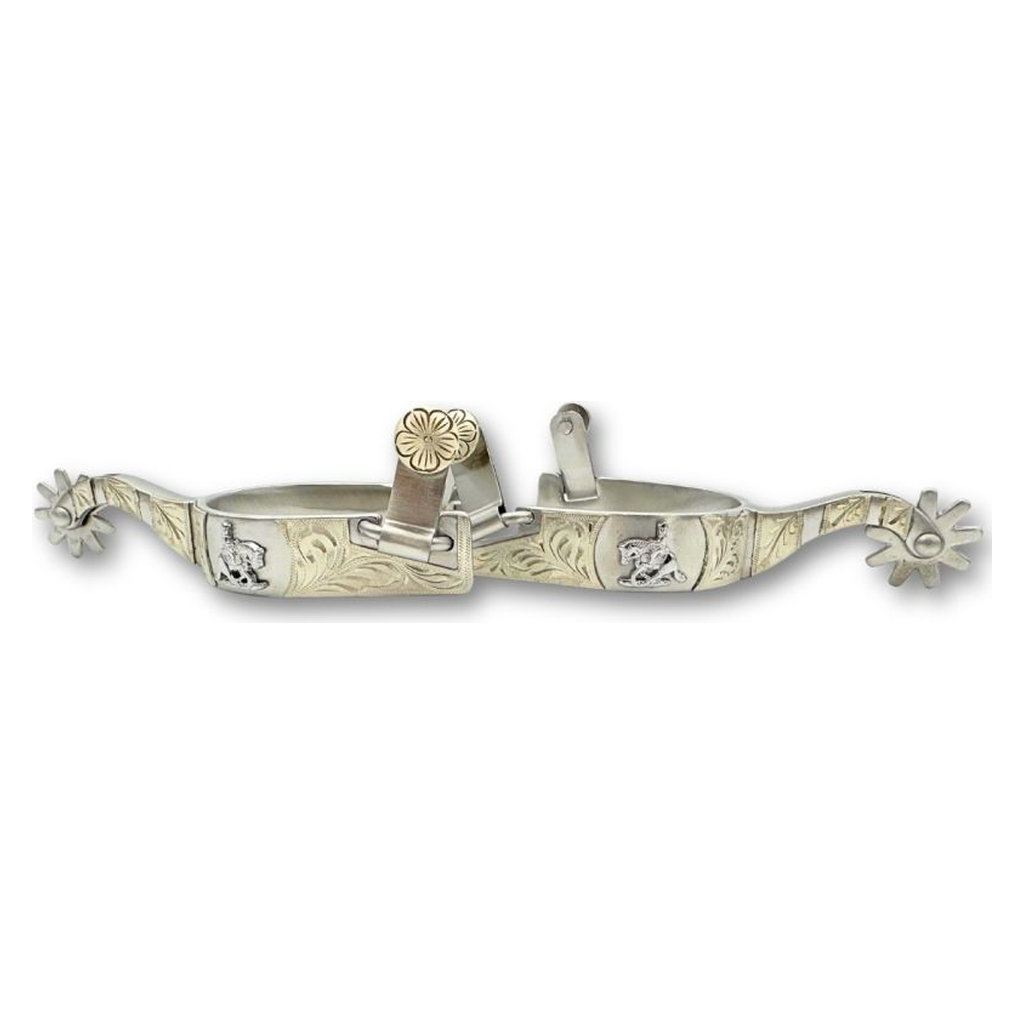Westernsporen silber mit gravierter Verzierung und Reining horse Emblem, Rädchensporen