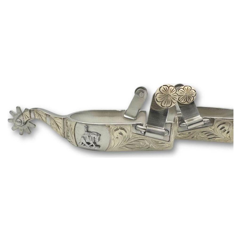 Westernsporen silber mit gravierter Verzierung und Reining horse Emblem, Rädchensporen