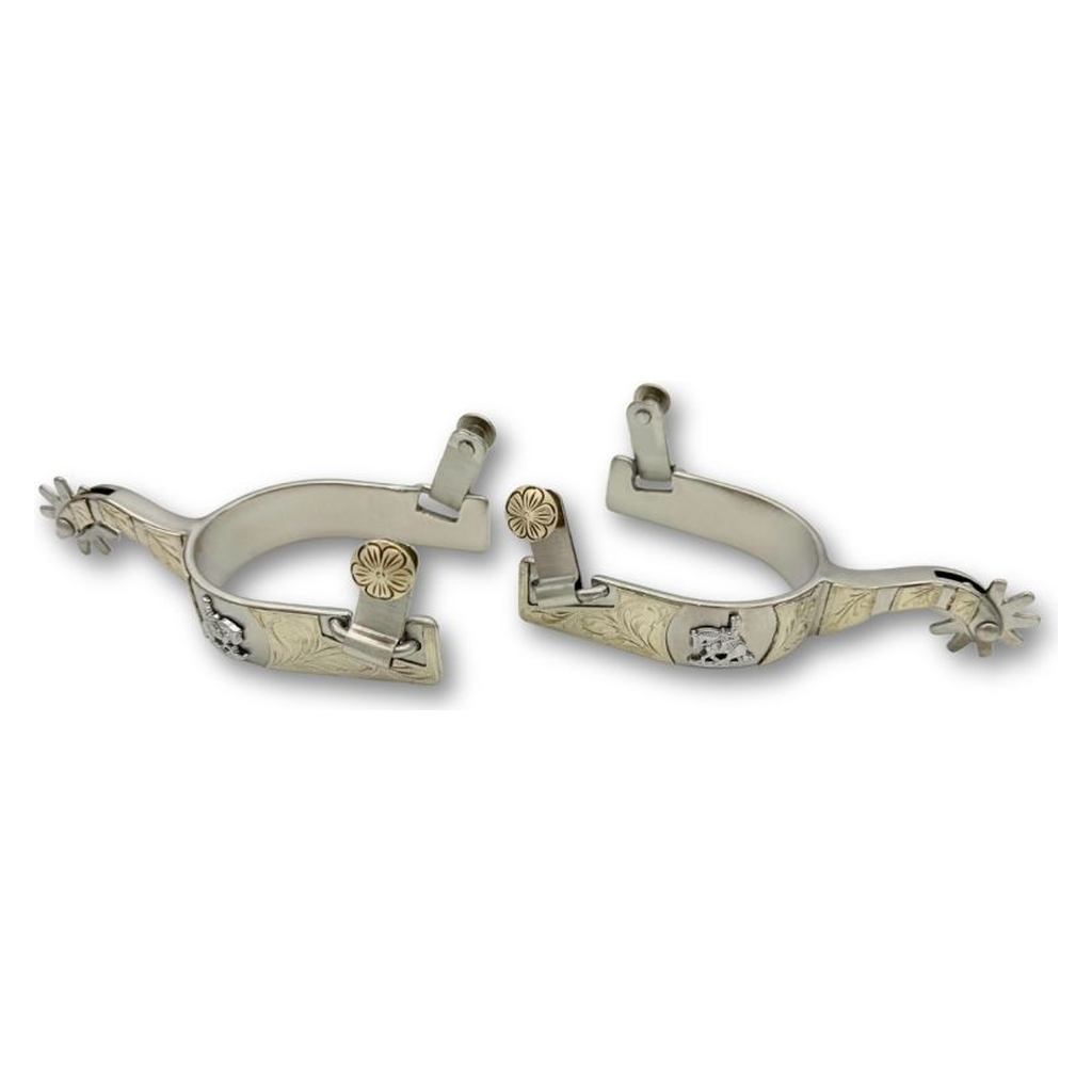 Westernsporen silber mit gravierter Verzierung und Reining horse Emblem, Rädchensporen