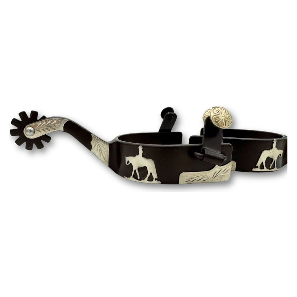 Westernsporen braun mit gravierter Verzierung und riding horse Emblem, Rädchensporen