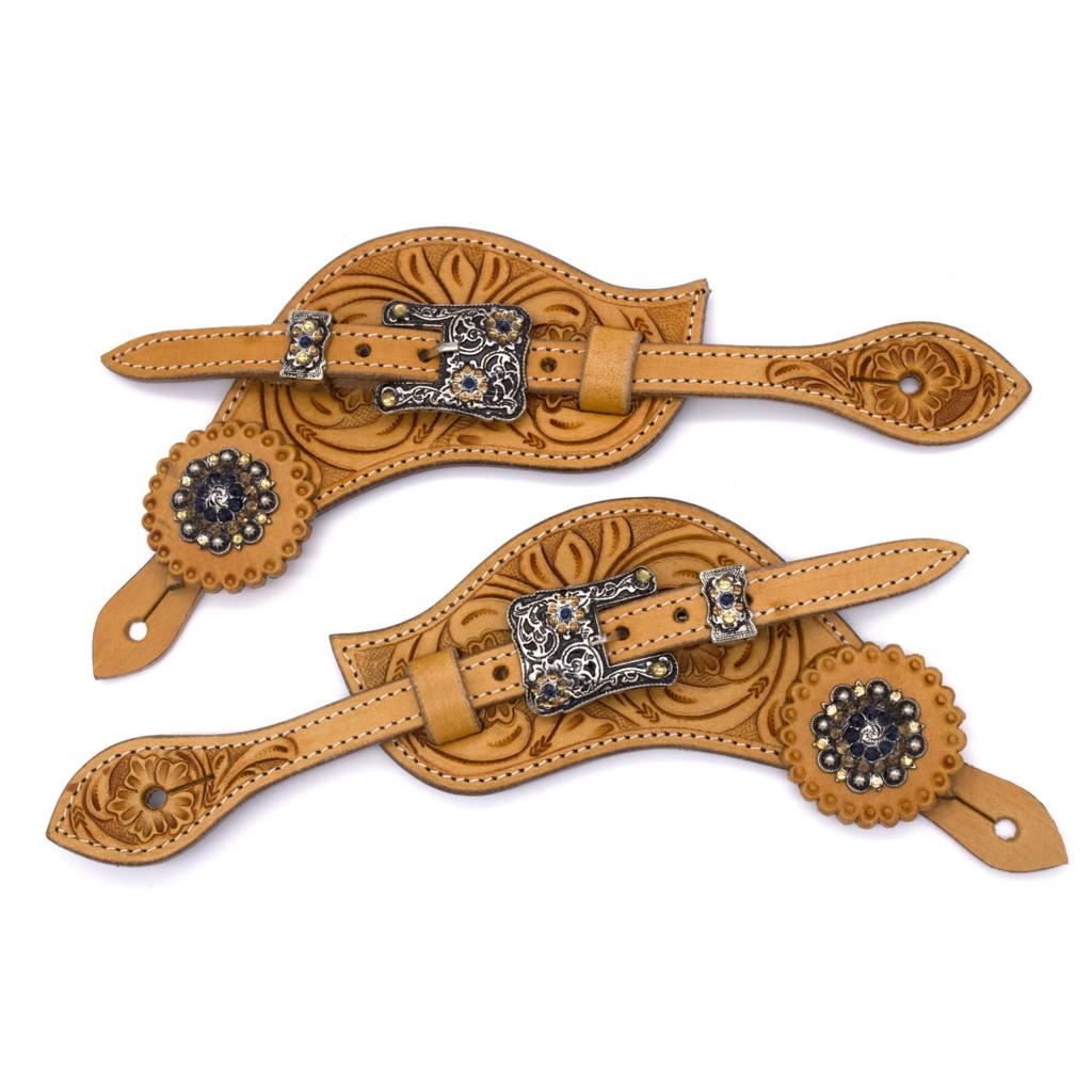 Western Sporenriemen hellbraun mit strass Conchos und verzierten Schnallen