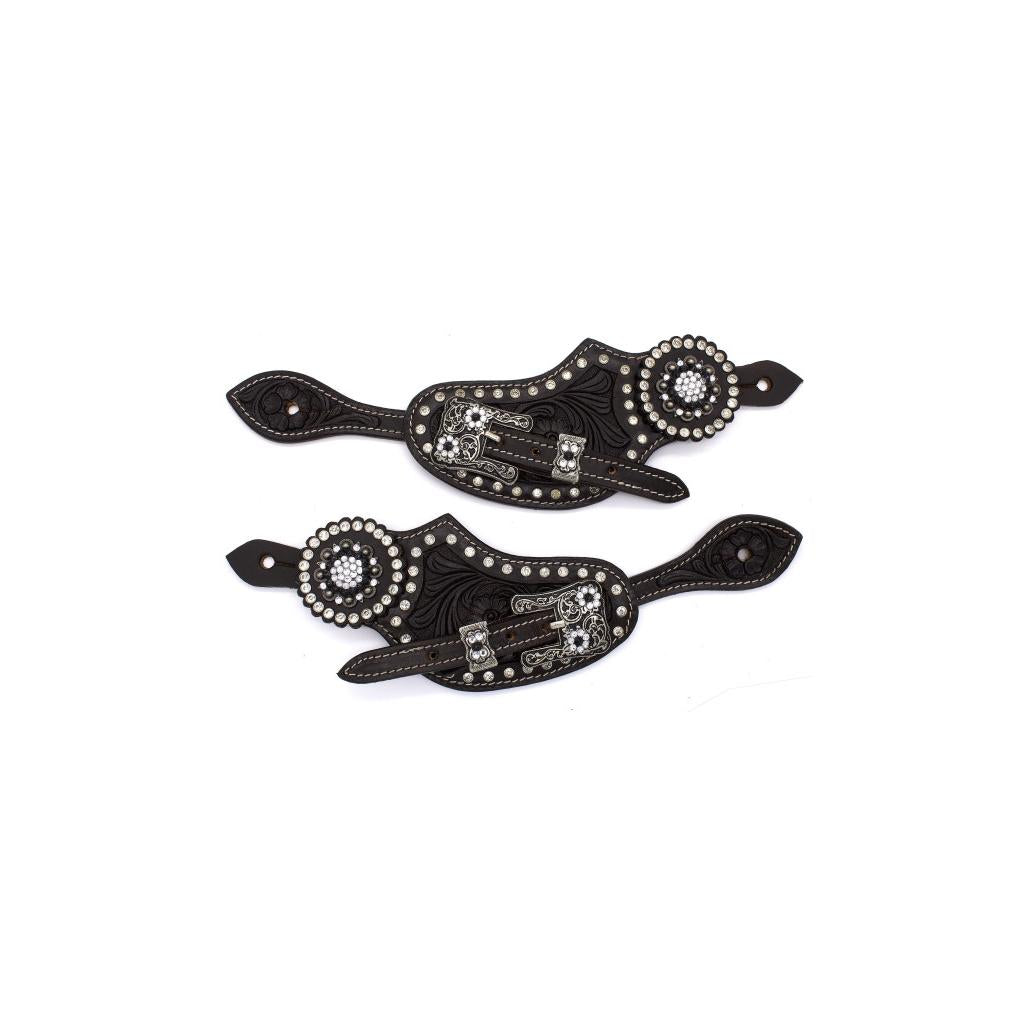 Western Sporenriemen dunkelbraun mit schwarzen strass Conchos und verzierten Schnallen