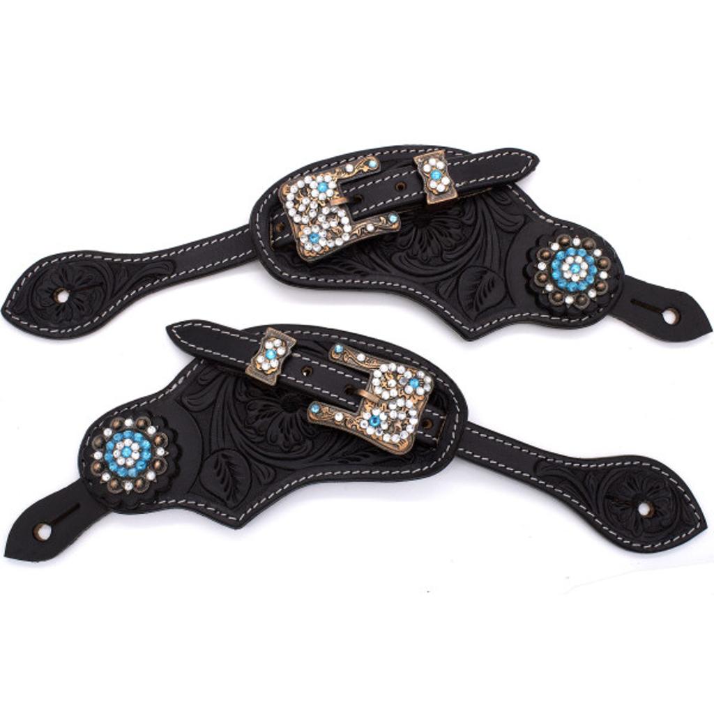 Western Sporenriemen schwarz mit türkisen Strass-Conchos und verzierten Schnallen