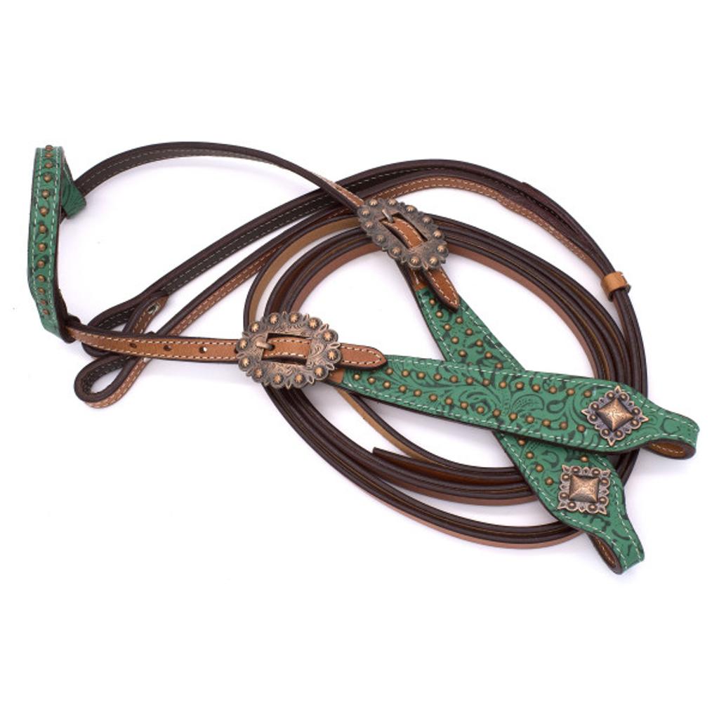Show Einohr Westerntrense, Kopfstück mit grünem Muster und kufperfarbenen Schnallen