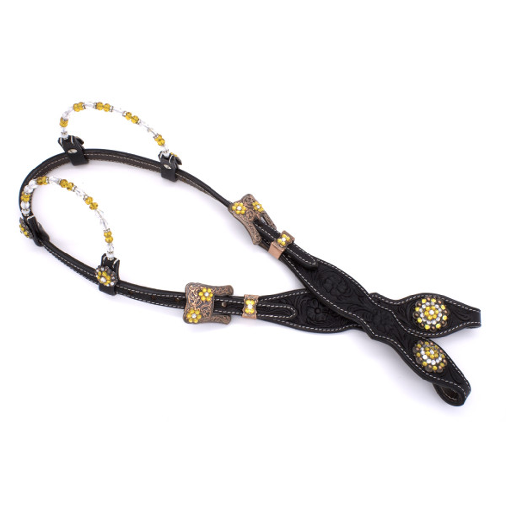 Zweiohr Perlen-Earloop Westerntrense schwarz mit goldenen Steinchen