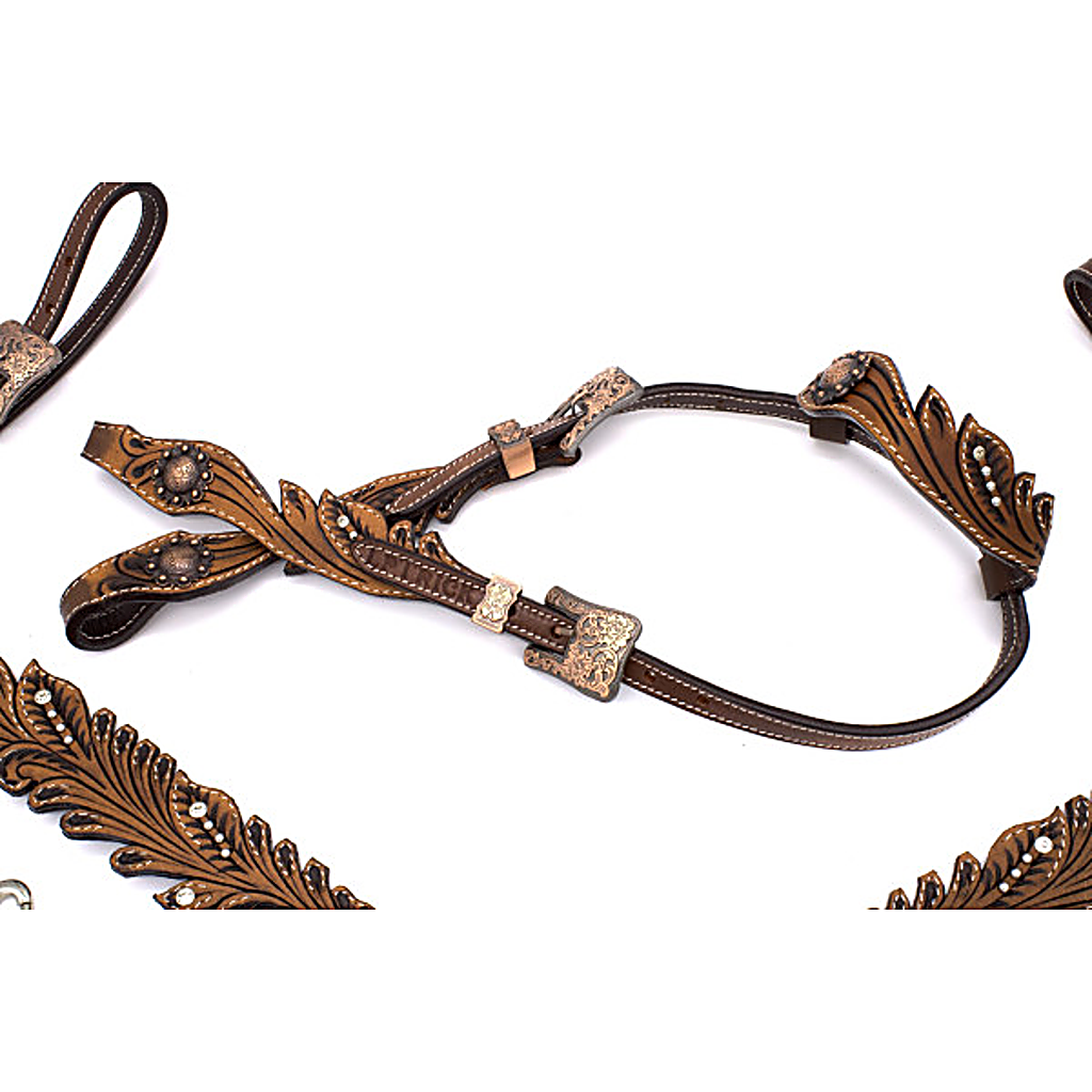 Vintage-Look Einohr Westerntrense, Set aus Kopfstück und Vorderzeug, dunkelbraun, mit Strass