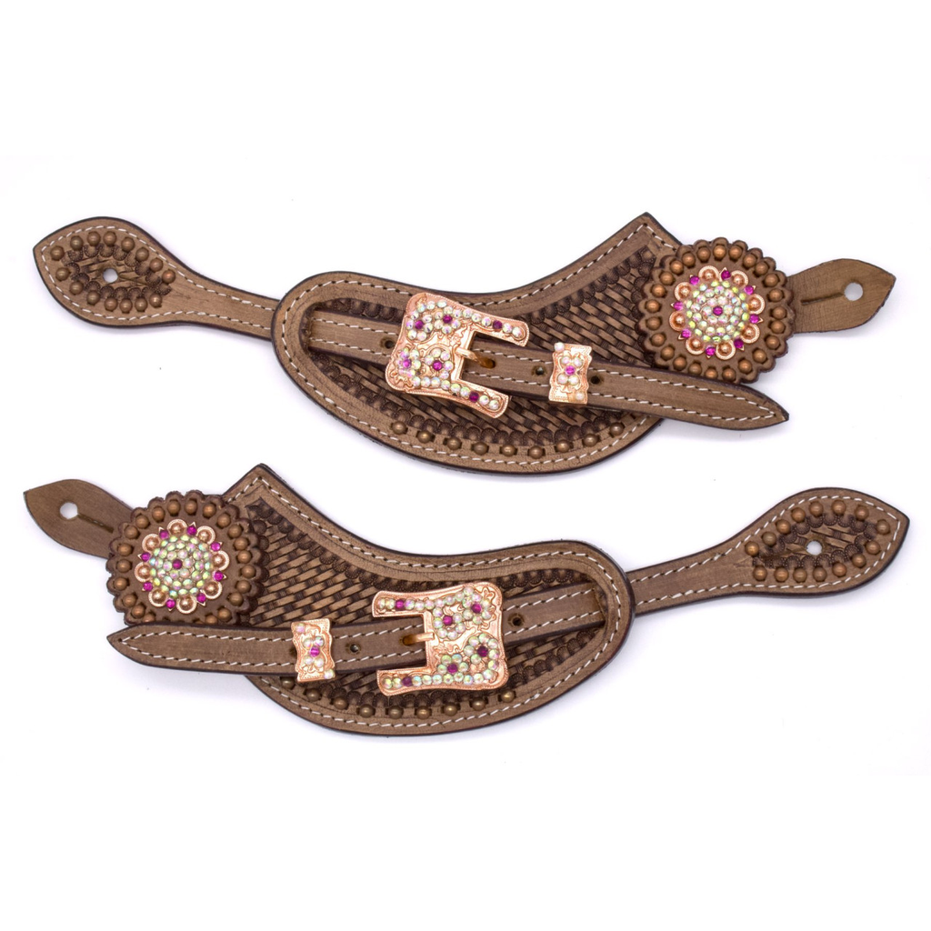 Western Sporenriemen braun mit rosegoldenen Strass-Conchos und verzierten Schnallen