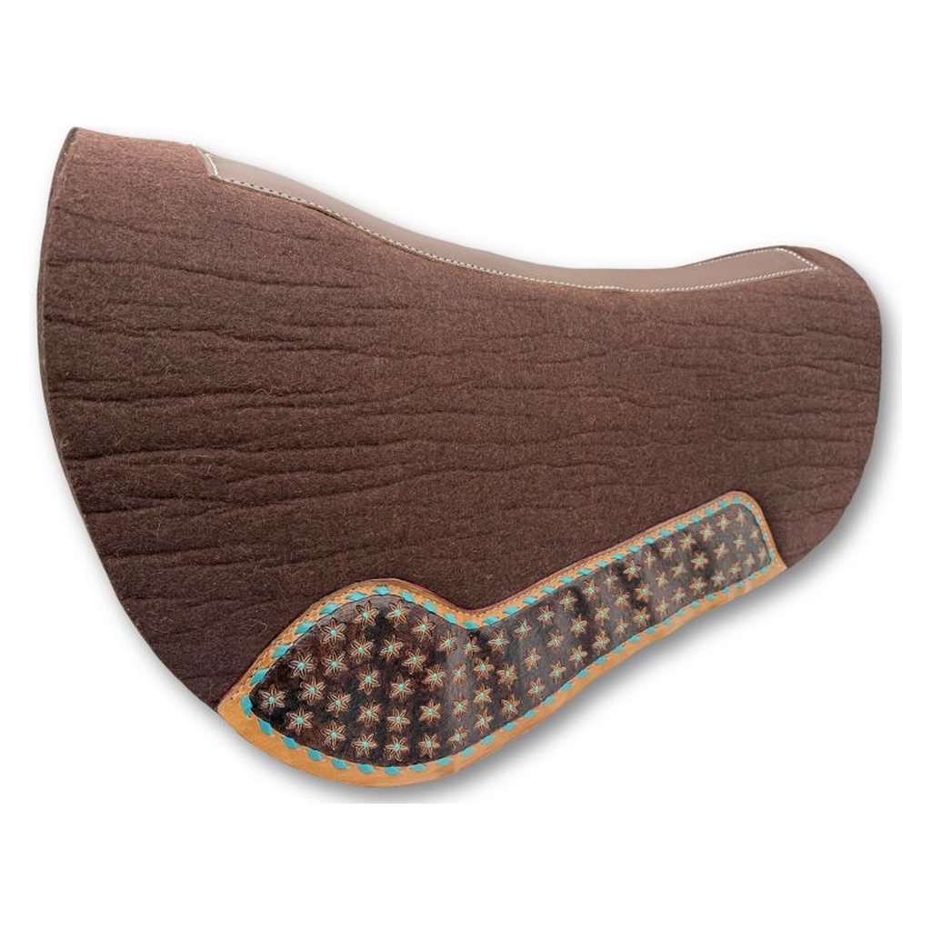 Wollfilz-Westernpad Roundskirt – Braun mit floraler Punzierung & türkisen Akzenten
