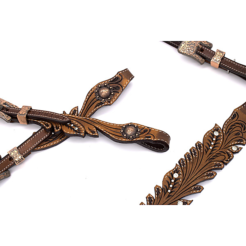 Vintage-Look Einohr Westerntrense, Set aus Kopfstück und Vorderzeug, dunkelbraun, mit Strass