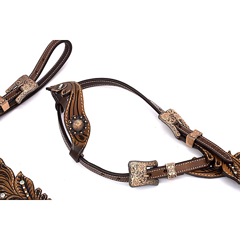 Vintage-Look Einohr Westerntrense, Set aus Kopfstück und Vorderzeug, dunkelbraun, mit Strass