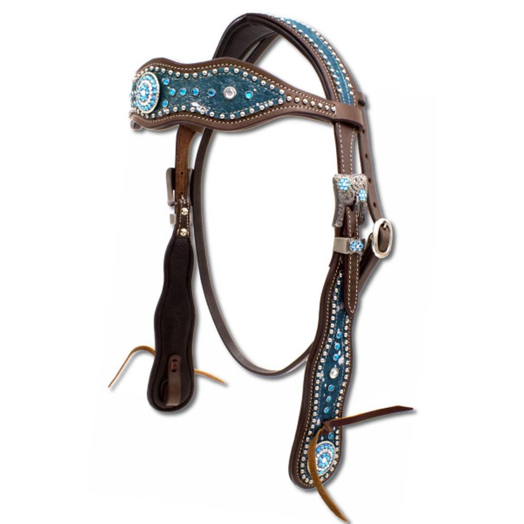 Westerntrense mit anatomischem Genickstück in türkis, Shetty, super soft unterlegt, dunkelbraunes Leder