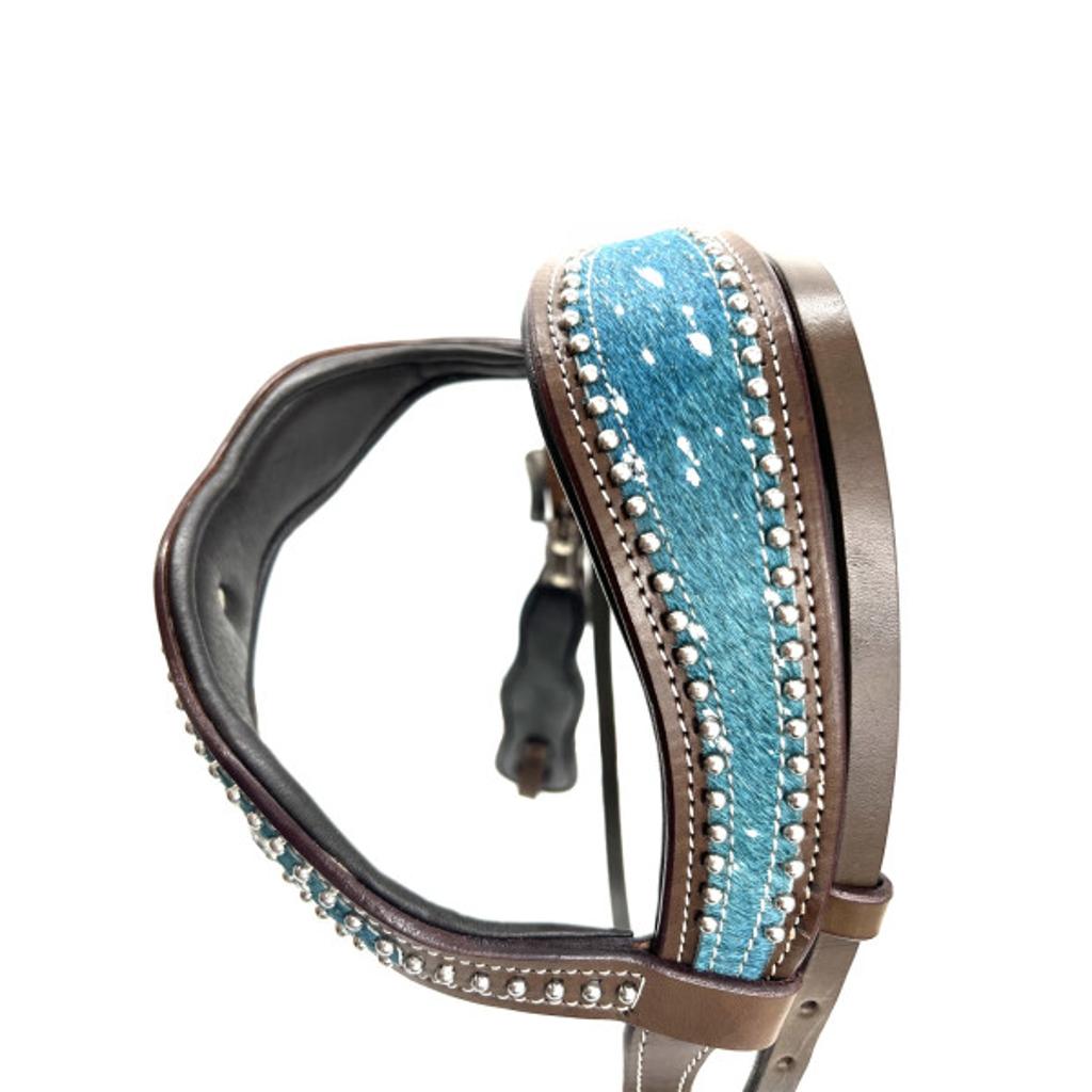 Westerntrense mit anatomischem Genickstück in türkis, Shetty, super soft unterlegt, dunkelbraunes Leder