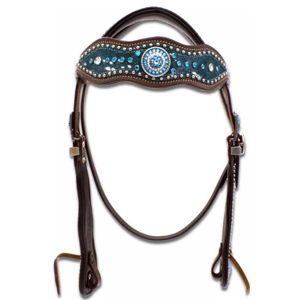 Westerntrense mit anatomischem Genickstück in türkis, Shetty, super soft unterlegt, dunkelbraunes Leder