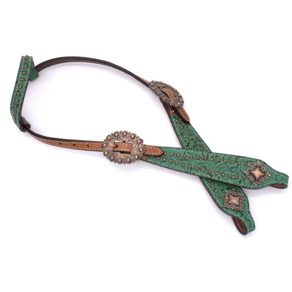 Show Einohr Westerntrense, Kopfstück mit grünem Muster und kufperfarbenen Schnallen