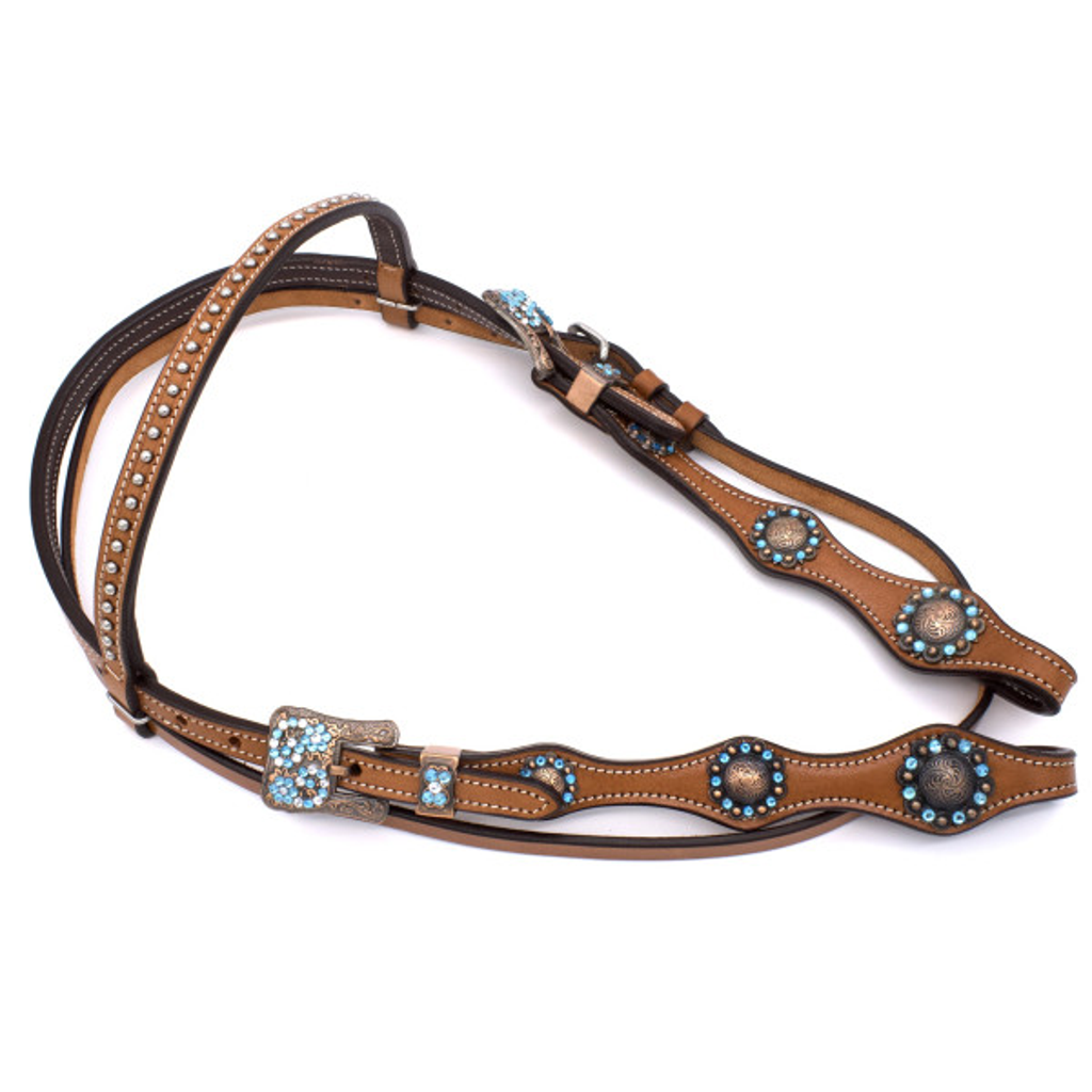 Western Kopfstück mit blauen Strassteinen und gravierten Conchos