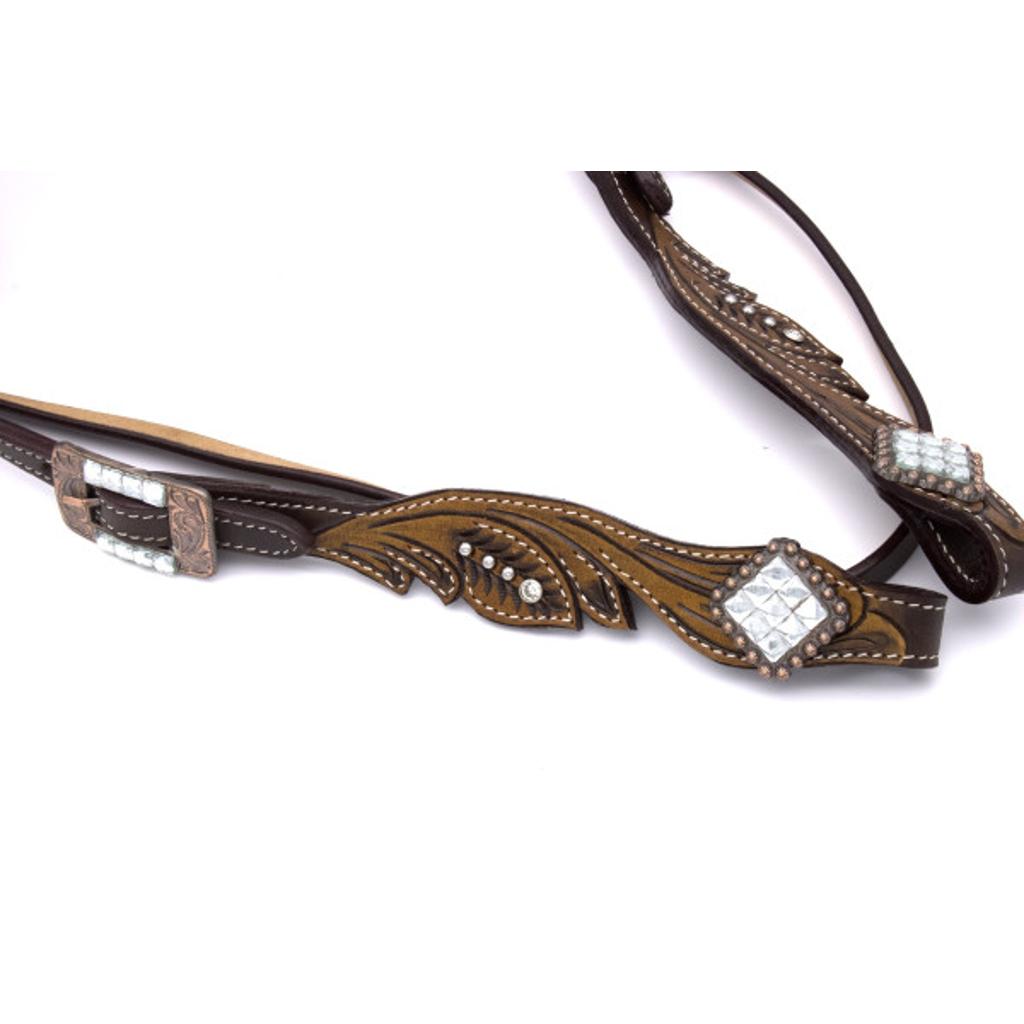 Vintage Style Westerntrense mit klaren Strasssteinen, kupferfarbene Schnallen, Stirnriemen