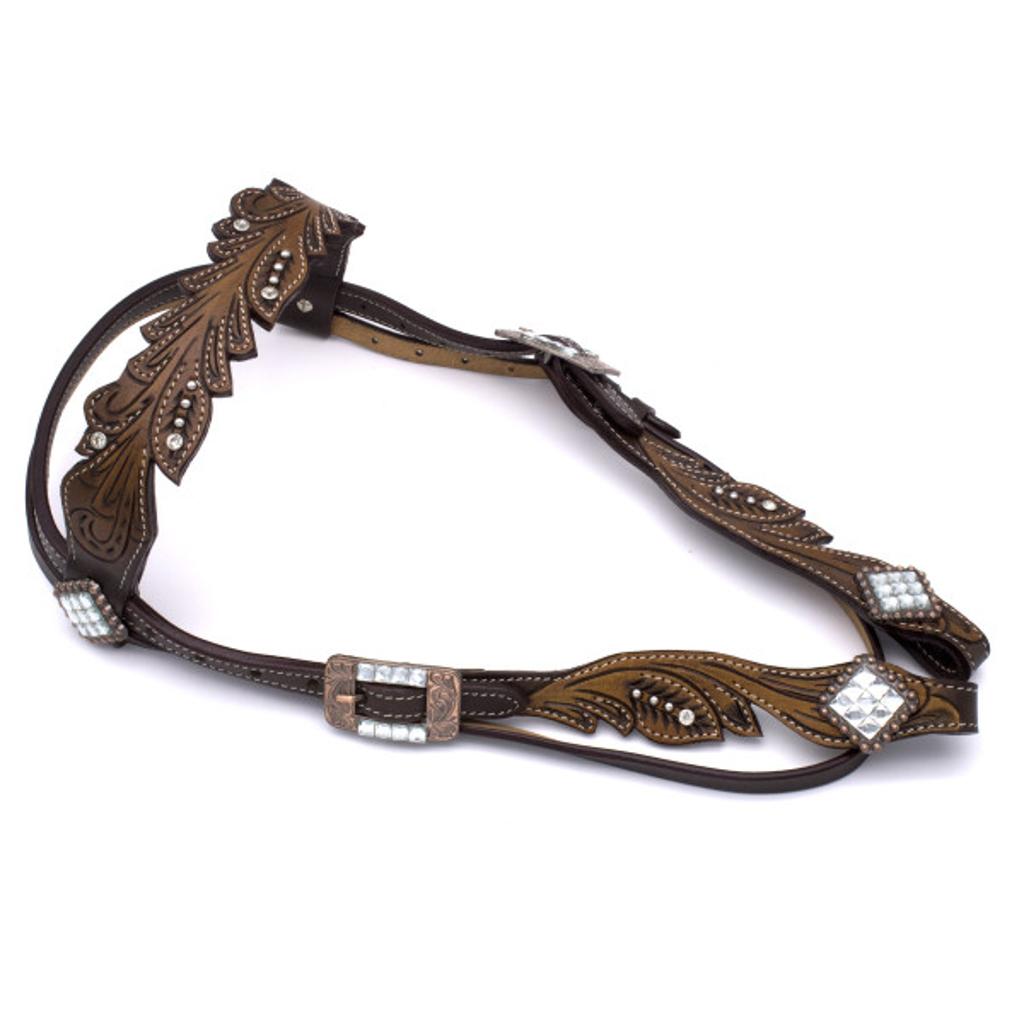 Vintage Style Westerntrense mit klaren Strasssteinen, kupferfarbene Schnallen, Stirnriemen