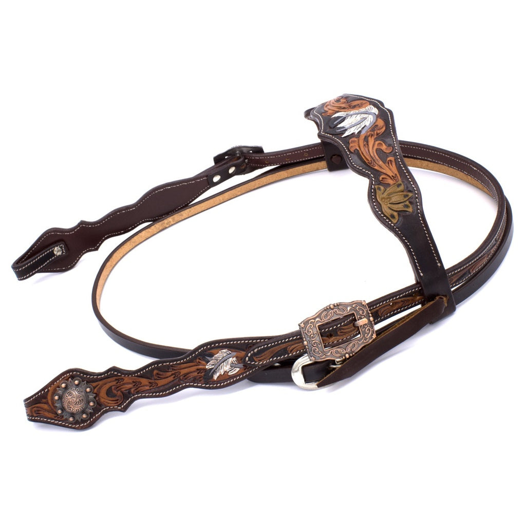 Westerntrense dunkelbraun aus amerikanischem Leder mit Punzierung und weißen Federn