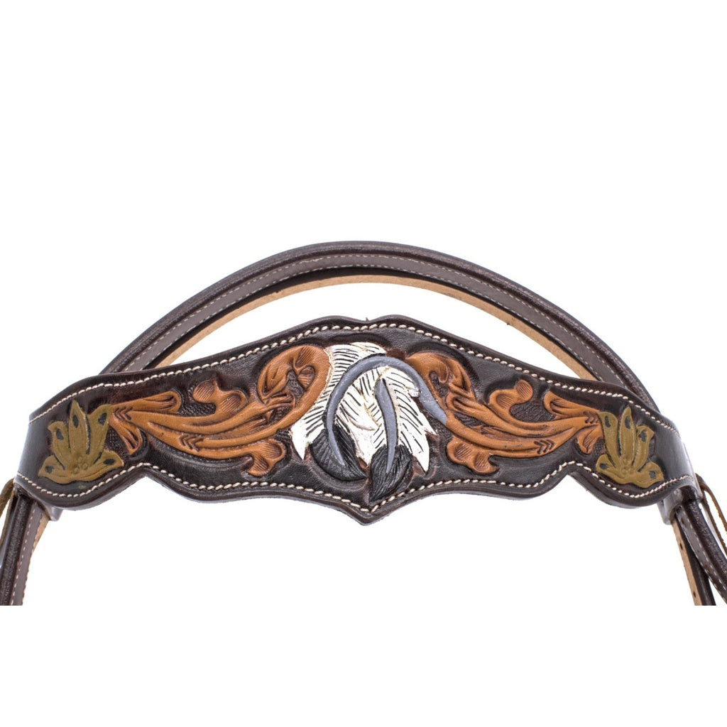 Westerntrense dunkelbraun aus amerikanischem Leder mit Punzierung und weißen Federn