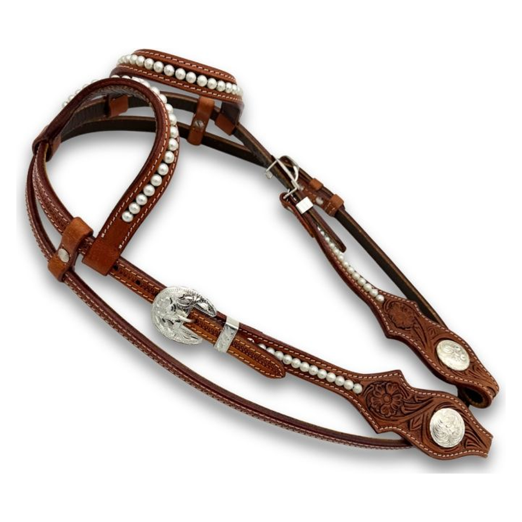 Elegante Zweiohr Westerntrense mit Perlen und Kehlriemen, medium Braun