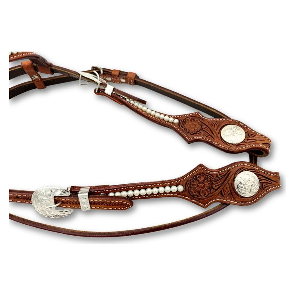 Elegante Zweiohr Westerntrense mit Perlen und Kehlriemen, medium Braun